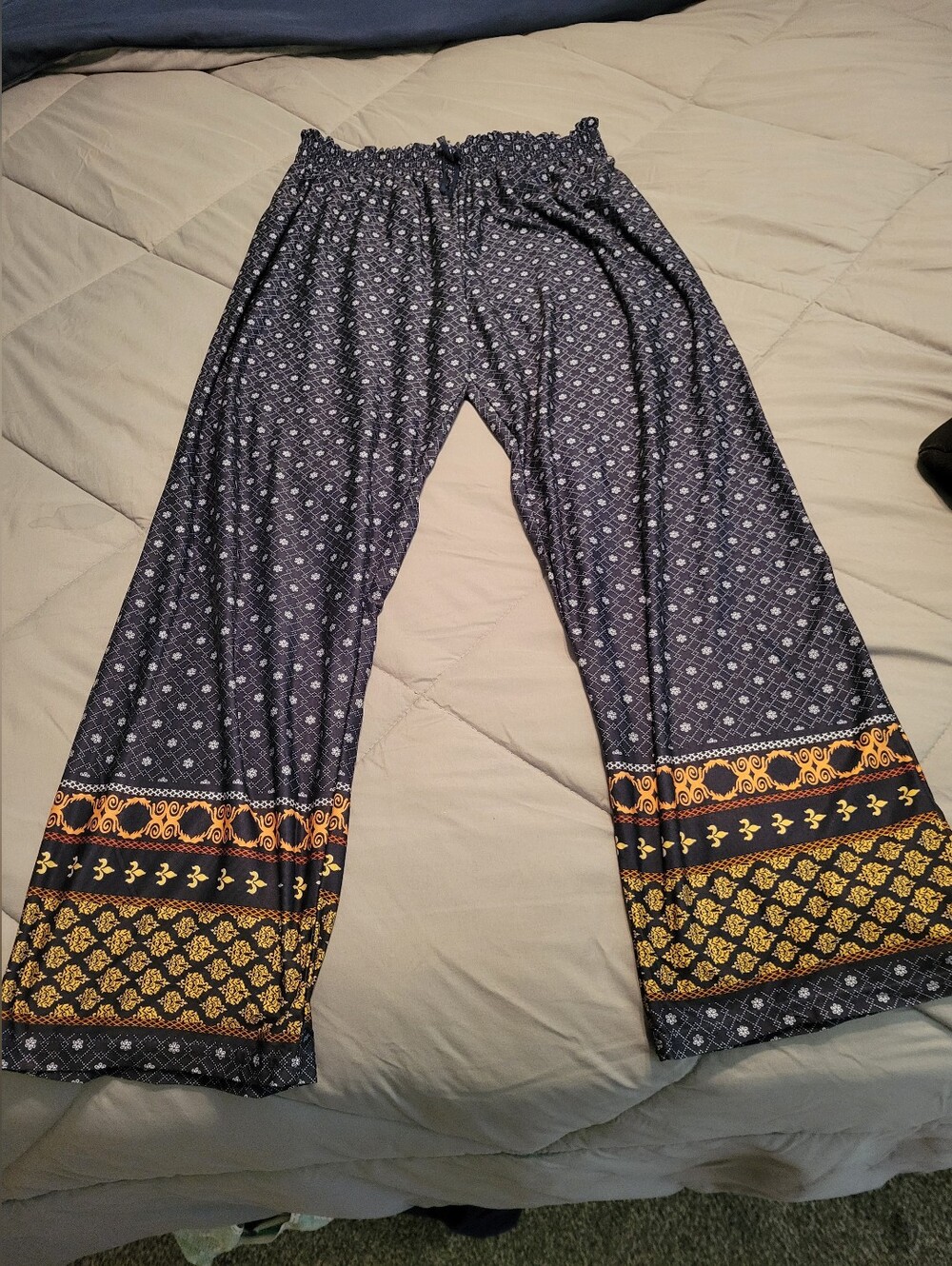 Navy Blue Printed Wide-Leg Pants with Gold Boho Border And Elastic Waist